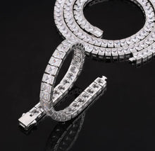 Load image into Gallery viewer, 7mm White Gold Princess Cut Baguette Tennis Chain Necklace and 8mm White Gold Tennis Bracelet Set
