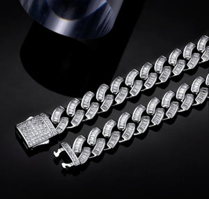 12mm White Gold Baguette CZ Cuban Link Bracelet