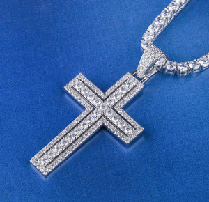 Iced Out White Gold Cross Necklace with Double-Layered Cross Pendant