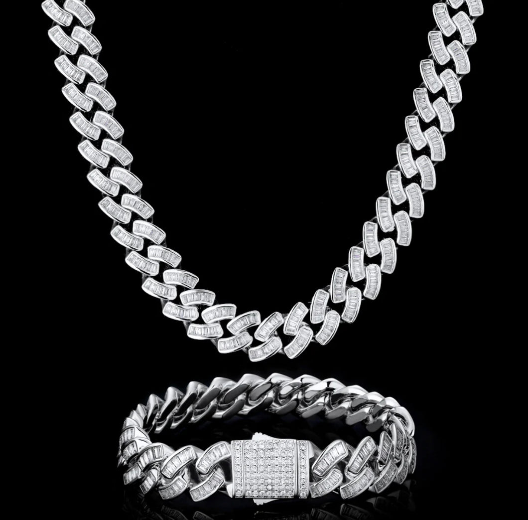 12mm White Gold Baguette Cuban Link Chain and Bracelet Set