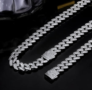 12mm White Gold Baguette Cuban Link Chain and Bracelet Set