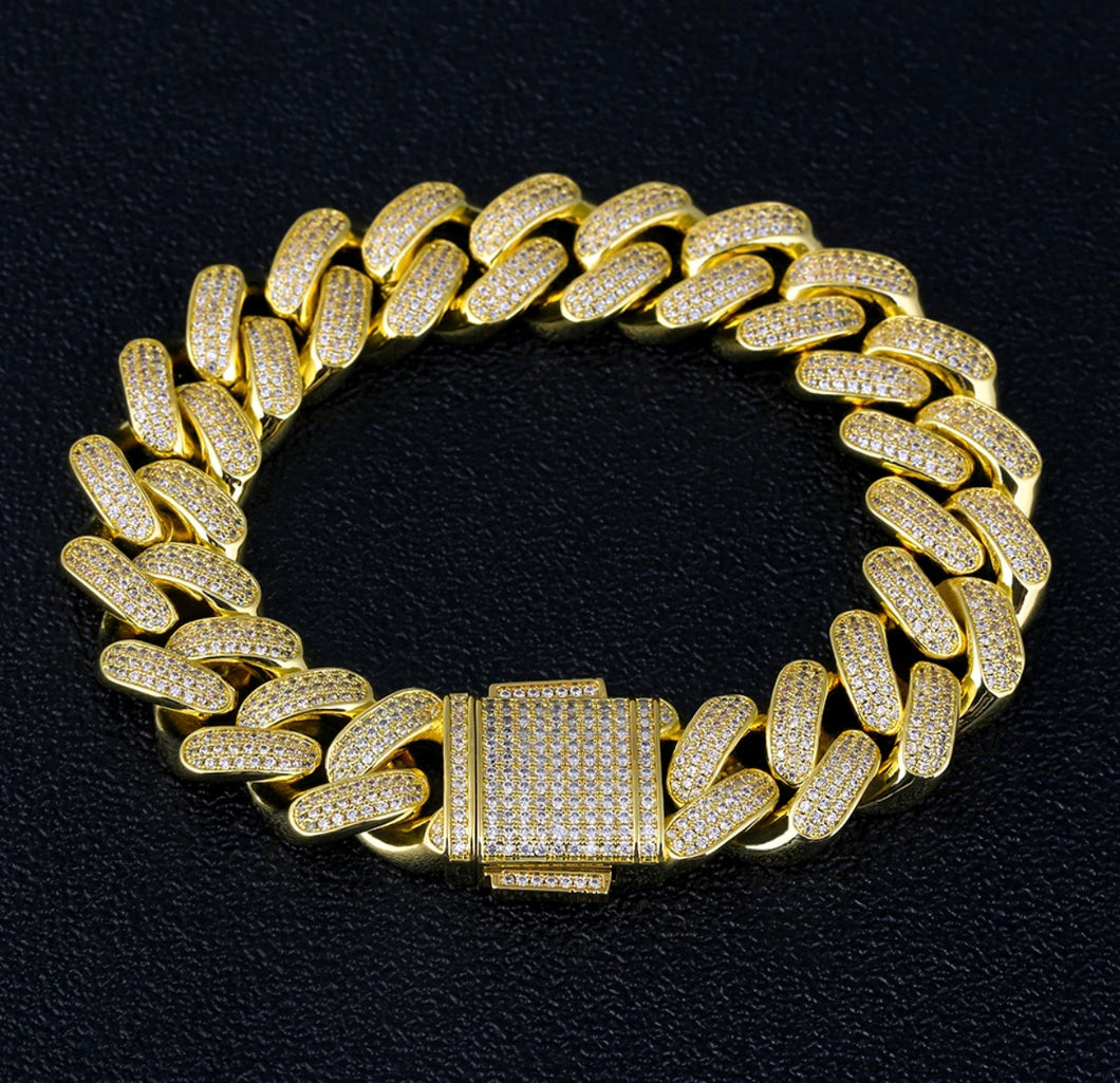 18mm 14k Gold Iced Out Cuban Link Bracelet